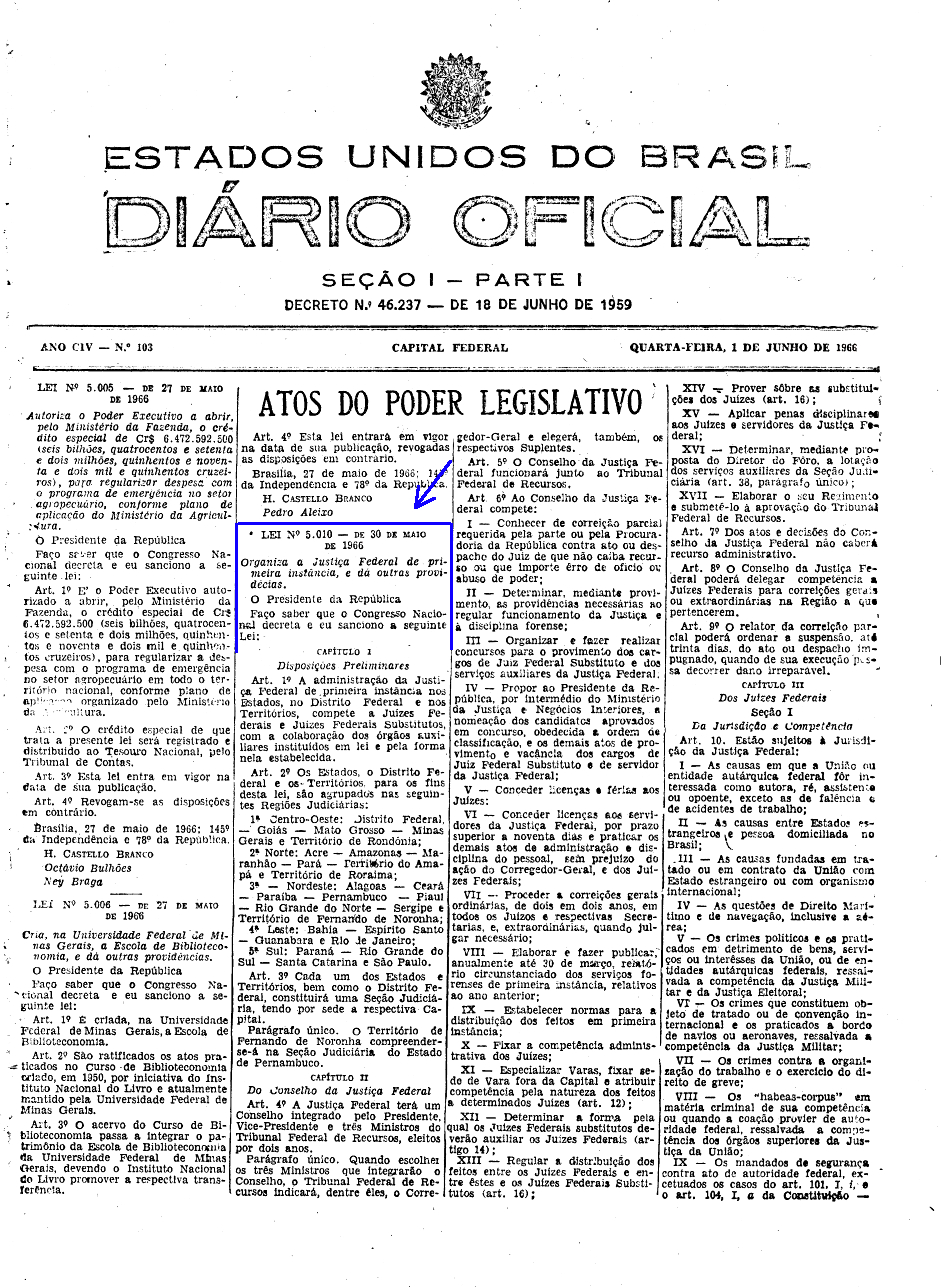 D.O.U. - Lei nº. 5.010, de 30 de maio de 1966